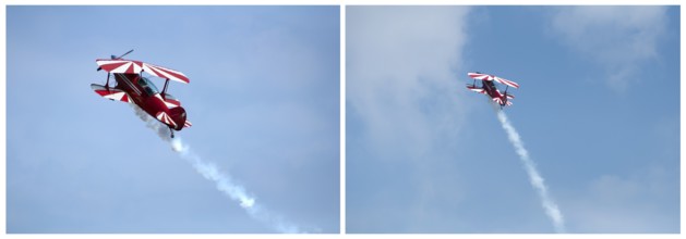 Red plane looping in a blue sky