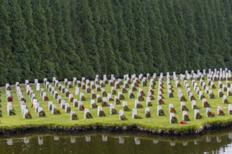 Atop a hill, a veterans cemetery with white headstones and the American flag evokes deep honour,