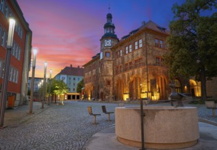 Stadt Nordhausen Rathaus sunset city hall with Roland figure in Thuringia Germany