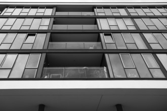 Building in Hamburg harbour, black and white, Hanseatic City of Hamburg, Germany, Europe
