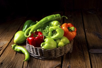 Various harvested peppers and hot peppers in basket