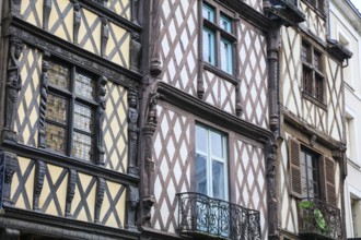 Half-timbered houses with carved figures, Angers, Maine-et-Loire department, Pays de la Loire