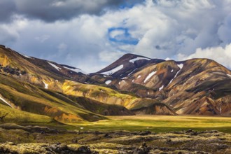 Valley National Park Landmannalaugar. On the gentle slopes of the mountains are snow fields and