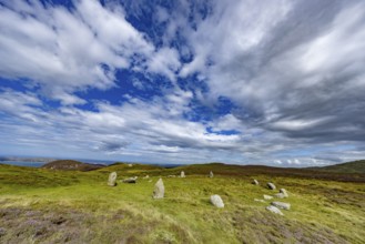 Druids Circle, stone circle in wide landscape with pastures in the mountains, Penmaenmawr,