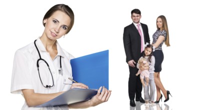 Beautiful female doctor with family patients on isolated background