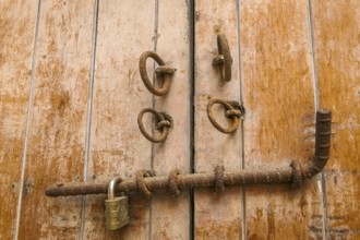 Close-up of traditonal door lock on wooden door in Cartagena, Colombia, South America