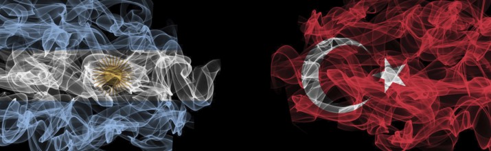 Flags of Argentina and Turkey on Black background, Argentina vs Turkey Smoke Flags