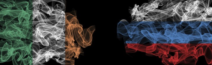 Flags of Ireland and Russia on black background, Ireland vs Russia smoke flags