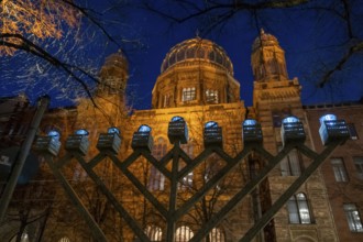 Germany, Berlin, 02.01.2025, Hanukkah candlestick New Synagogue, Oranienburger Straße, Europe
