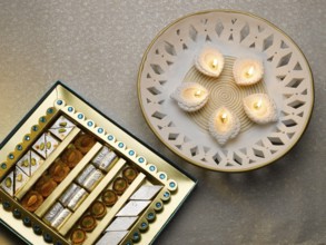 New style oil lamps decoration and sweets box during diwali festival, India, Asia