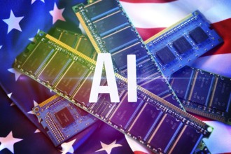 AI lettering on computer chips and USA flag, symbolic photo for the American AI project Stargate