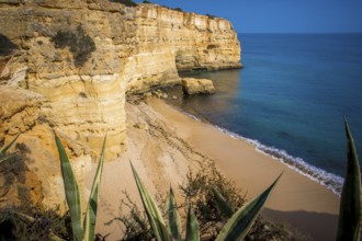 High angle view on empty beach in Carvalho, Algarve, Portugal. Travel and tourism