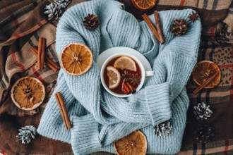 Blue sweater and cup of hot tea with lemon cinnamon sticks and anise star. Dry slices of citrus