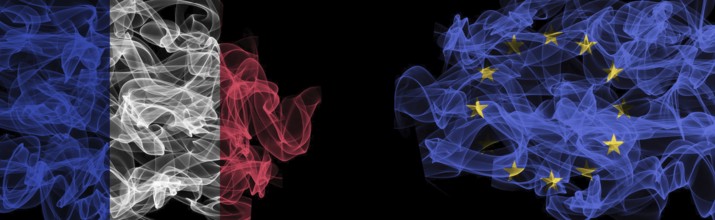 Flags of France and EU on Black background, France vs Europe Union Smoke Flags
