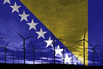 Bosnia and Herzegovina flag wind farm at sunset, sustainable development, renewable energy Wind
