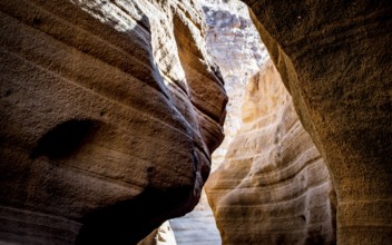 A narrow canyon with layered rock formations, illuminated by sunlight, creating dramatic shadows,