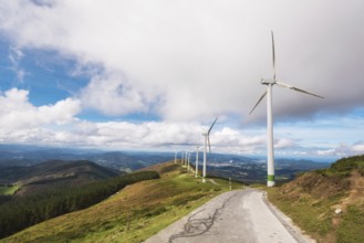 Renewable energy. Wind turbines, eolic park in scenic landscape of basque country, Spain, Europe