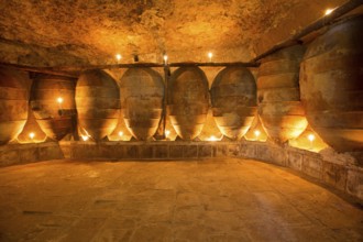 Antique winery in Spain with clay vessels terracotta amphora pots Mediterranean tradition with