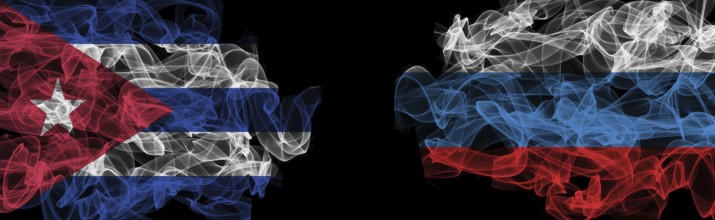 Flags of Cuba and Russia on Black background, Cuba vs Russia Smoke Flags