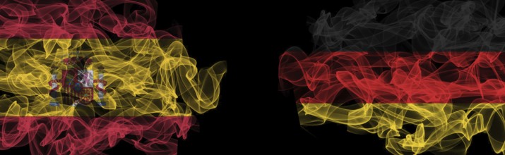 Flags of Spain and Germany on Black background, Spain vs Germany Smoke Flags