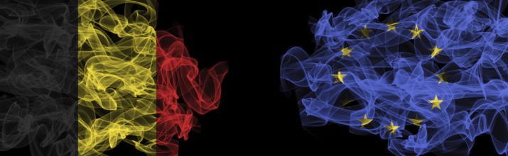Flags of Belgium and the EU on a black background, Belgium vs European Union smoke flags