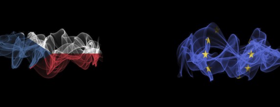 Flags of the Czech Republic and the EU on a black background, Czech flags and European Union smoke