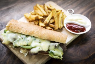 Gourmet Philly Cheese steak american Sandwich with fries
