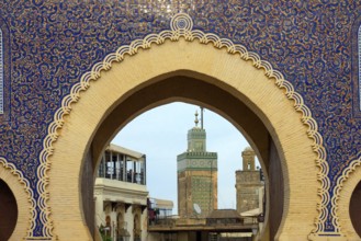 View through Bab Bou Jeloud gate (The Blue Gate) located in Fez, Morocco, Africa