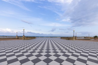 Livorno, Italy. Famous Mascagni Terrace, Terrazza Mascagni, with chess geometry pattern pavement