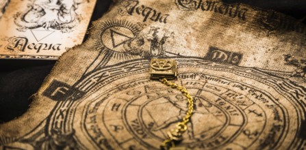 Ancient esoteric witchcraft background. Occultims and paganism old symbol, with mysterious runes