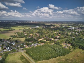 De Pinte, Belgium, August 2020: Aerial view of the suburbs of Ghent in De Pinte, residential area