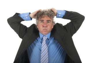 Portrait handsome adult man with curly hair and formal suit with lots of stress
