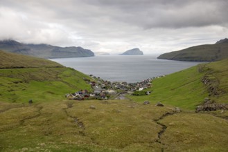 Kvivik on the Faroe Islands with the island Koltur in the background, Kvivik, Faroe Islands, Europe