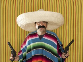 Bandit Mexican revolver mustache gunman sombrero poncho serape