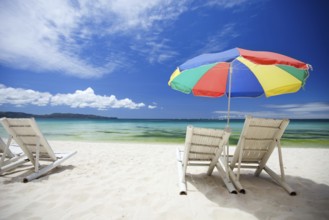 Beach with parasol and deckchair, Boracay, Philippines, Boracay, Philippines, Asia