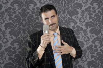 Nerd retro mustache man microphone singing silly wallpaper background