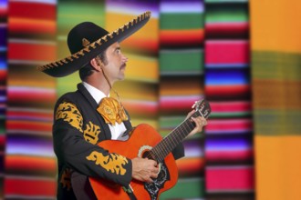 Charro Mariachi profile man playing guitar with blurred serape background