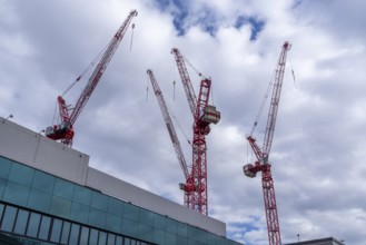Several red construction cranes in front of a building complex under a cloudy sky, Berlin, Germany,