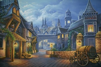 Theatre backdrop featuring a street scene in Victorian-era London