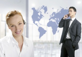 Modern helpdesk office with beautiful woman and handsome businessman