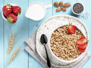 Top view of bowl with muesli, fresh strowberry, nuts, chia seeds and milk in milk jug on blue
