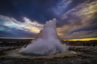 Geysir geyser and sunrise Iceland. Shooting Location: Iceland, Reykjavik