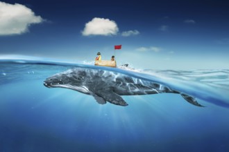 Sisters sea travel in the sea with cardboard ship and whale . Abstract dreams travel and success