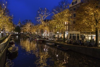 Idyllic canal scene at night with illuminated trees and houses on the banks, Amsterdam, Netherlands