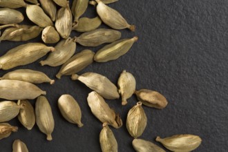 Cardamom pods on black background macro closeup