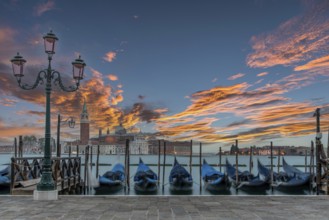 Sunrise over Venice, gondolas moored at Piazza San Marco, Italy, Europe