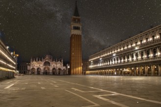 Empty St Marks Square and illuminated Basilica in the early Morning, Venice, Italy, Europe