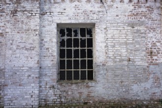 An old, weathered brick wall with a broken window, evoking a rustic atmosphere