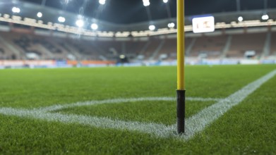 Close up flag's pole in the corner of soccer pitch