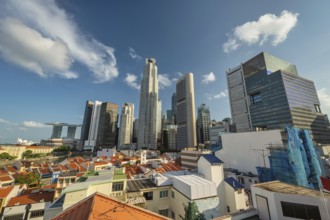 Singapore high angle view sunrise city skyline at Boat Quay and Clarke Quay waterfront business